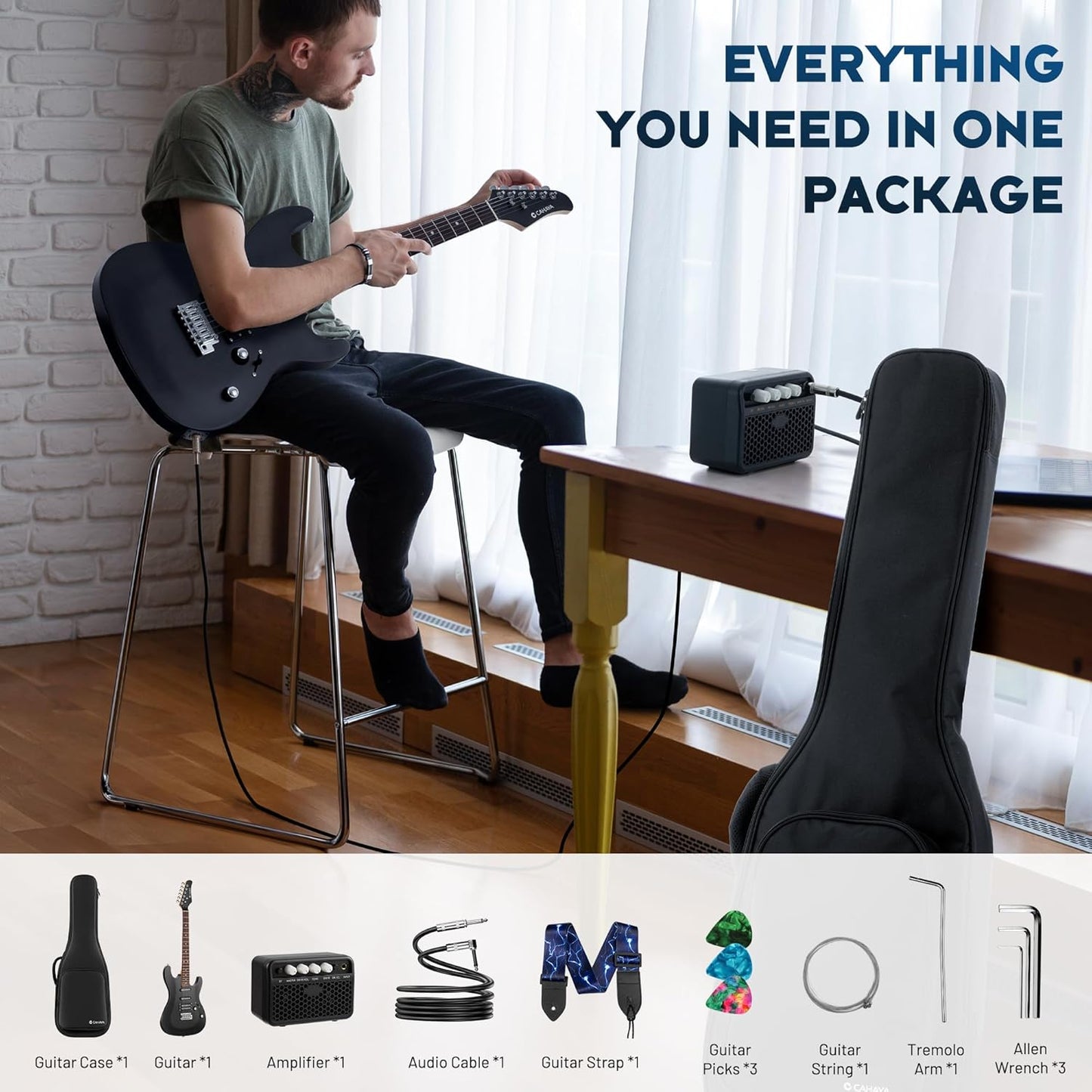 39in Solid Body Electric Guitar Kit for Beginner Black