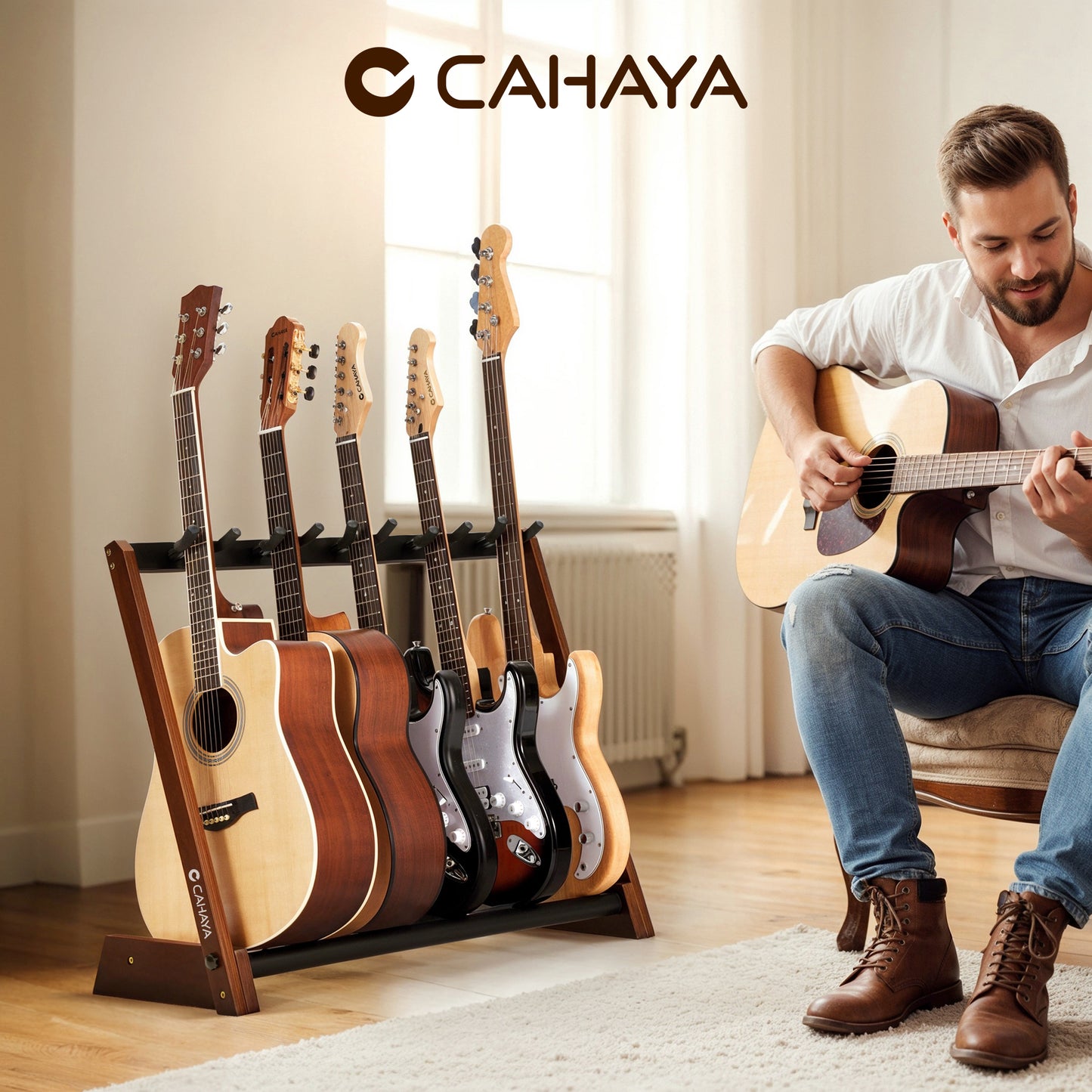 5-Guitar Foldable Wood Stand