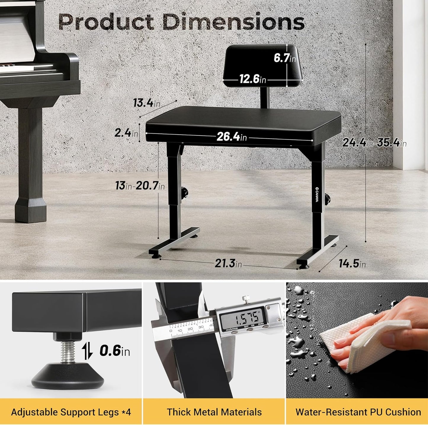 Adjustable Foldable Piano Bench with Backrest