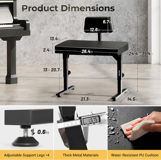 Adjustable Foldable Piano Bench with Backrest