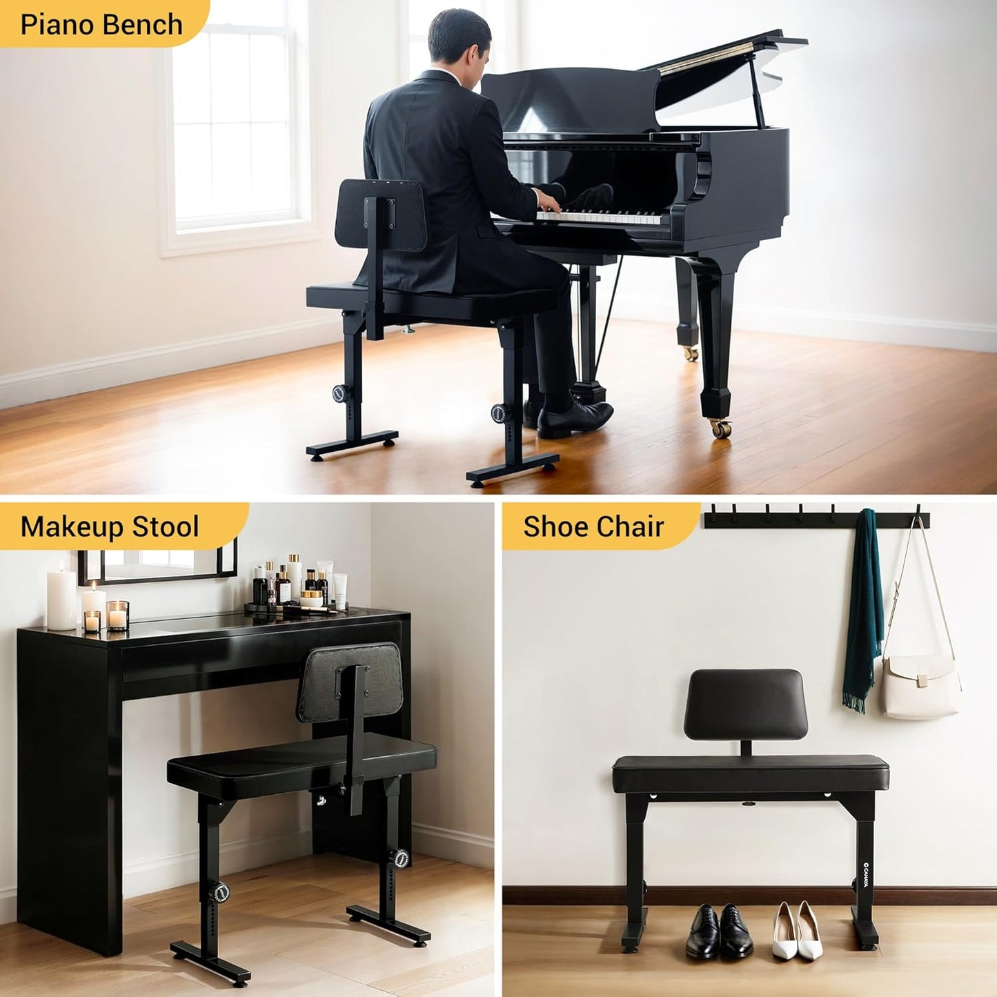 Adjustable Foldable Piano Bench with Backrest