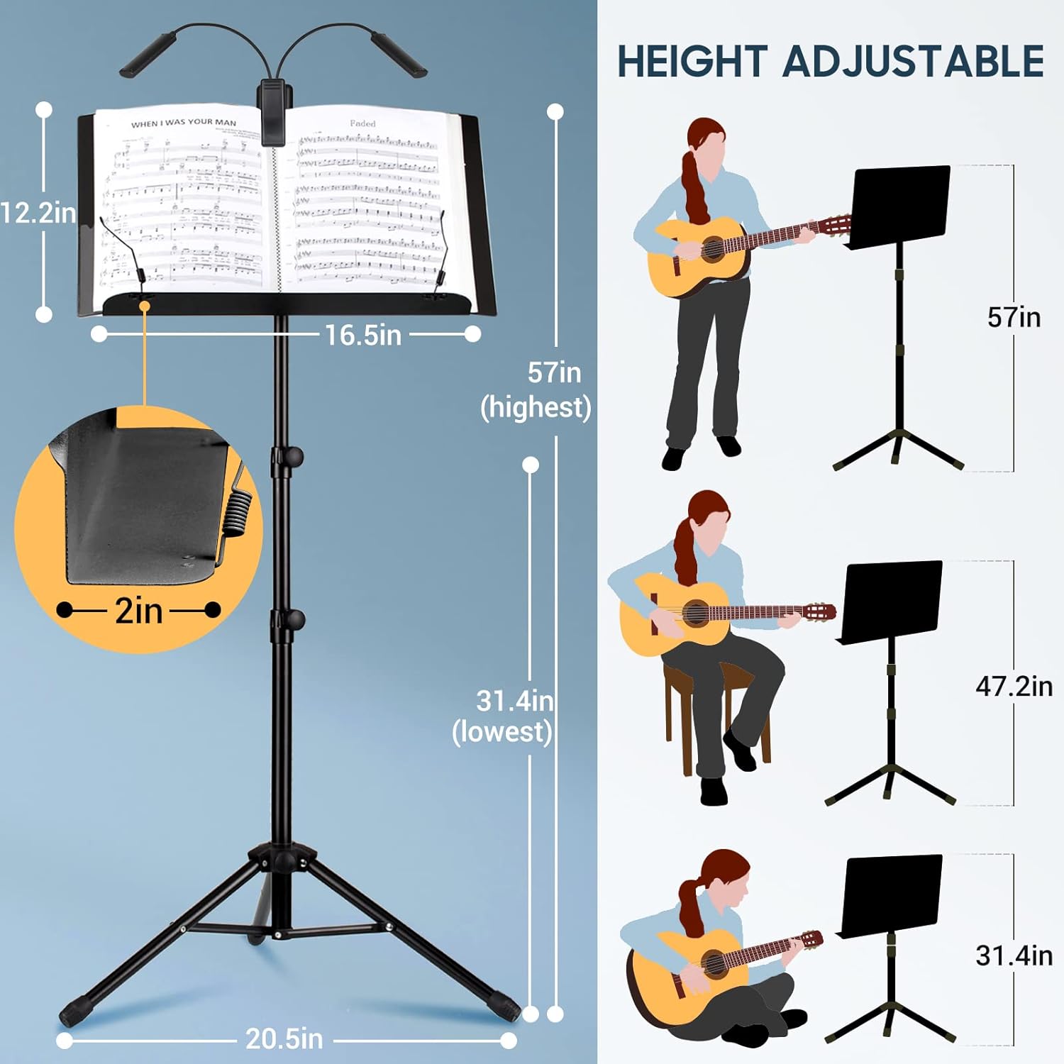 Music stand with height adjustment