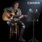 Person playing guitar with a music stand 