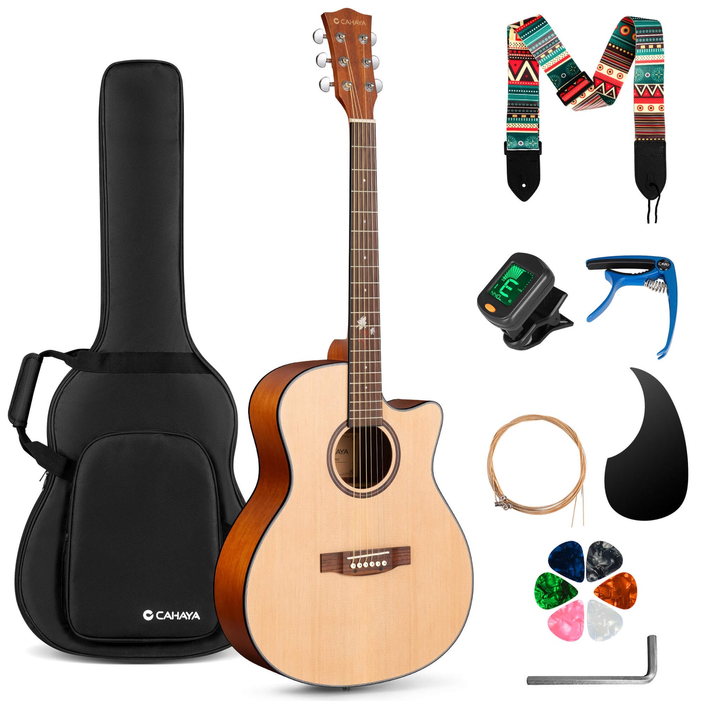 CAHAYA Acoustic Guitar Beginner Set - 41" Full Size Spruce Top Mahogany Body with Okoume Neck Rosewood Fingerboard