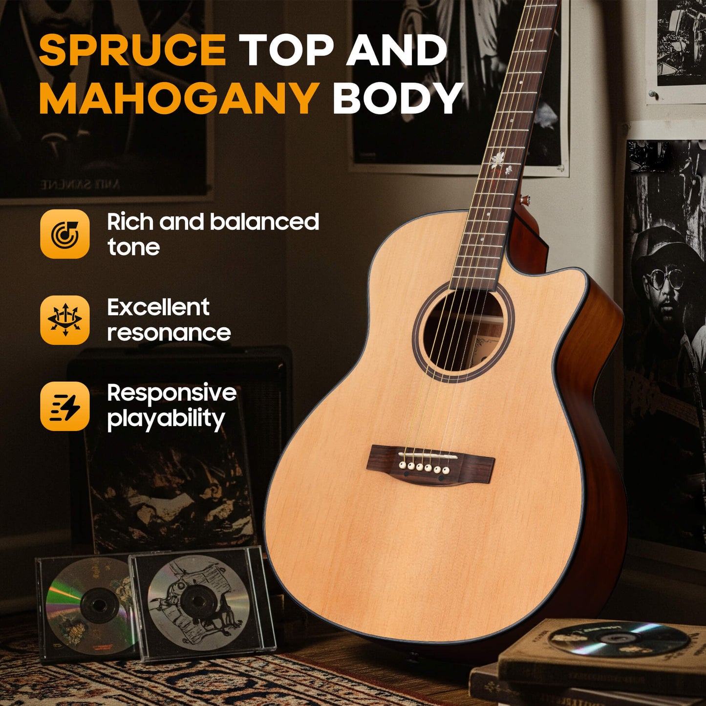 CAHAYA Acoustic Guitar Beginner Set - 41" Full Size Spruce Top Mahogany Body with Okoume Neck Rosewood Fingerboard