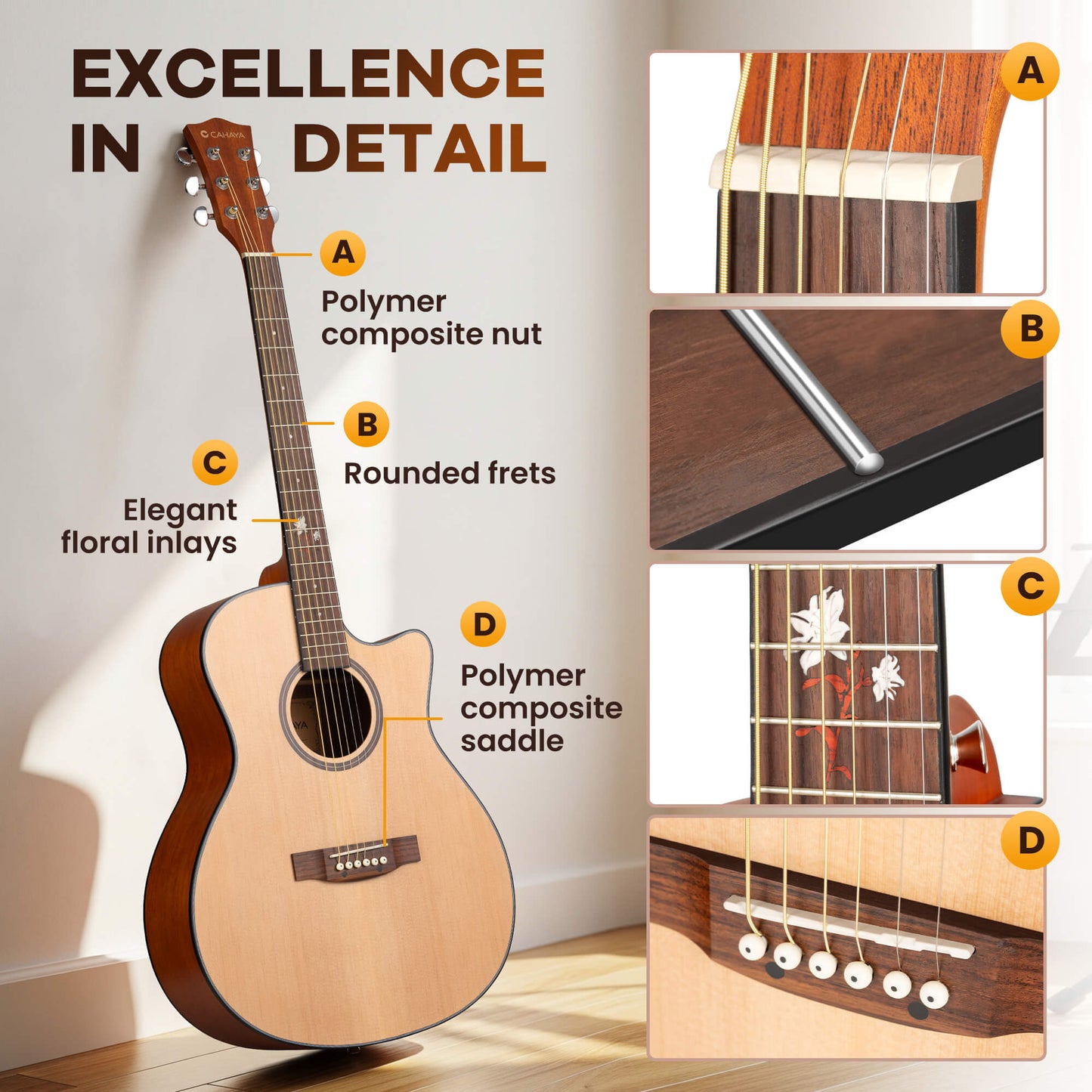 CAHAYA Acoustic Guitar Beginner Set - 41" Full Size Spruce Top Mahogany Body with Okoume Neck Rosewood Fingerboard