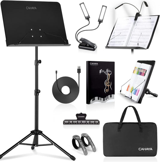 Collection of Cahaya music stand, light, accessories, and case