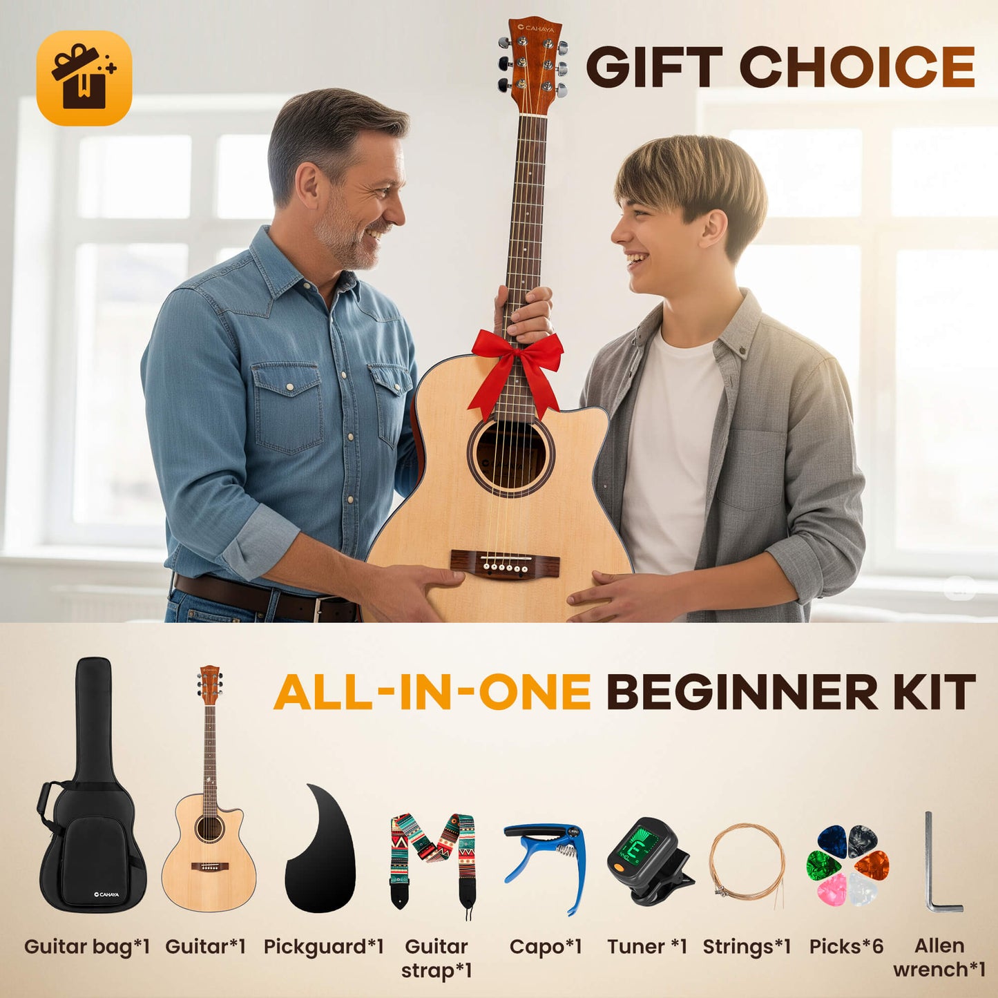 CAHAYA Acoustic Guitar Beginner Set - 41" Full Size Spruce Top Mahogany Body with Okoume Neck Rosewood Fingerboard