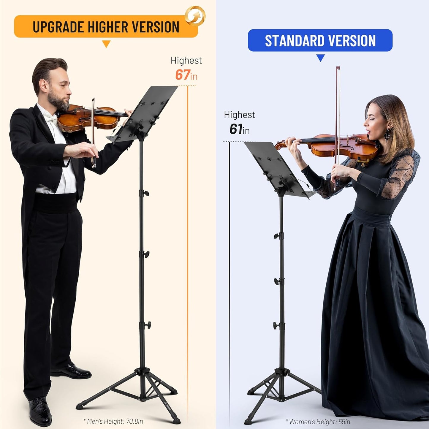 playing violins with music stands, showing height differences.