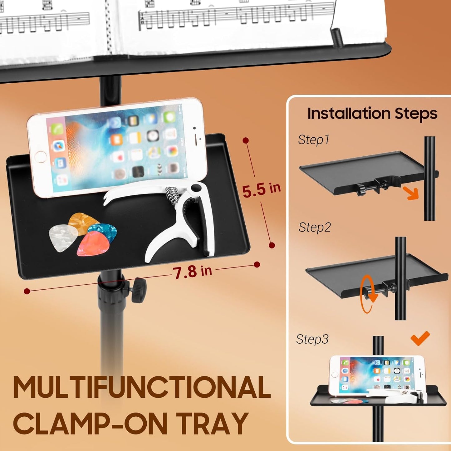 Multifunctional Clip-on Tray for Music Stands