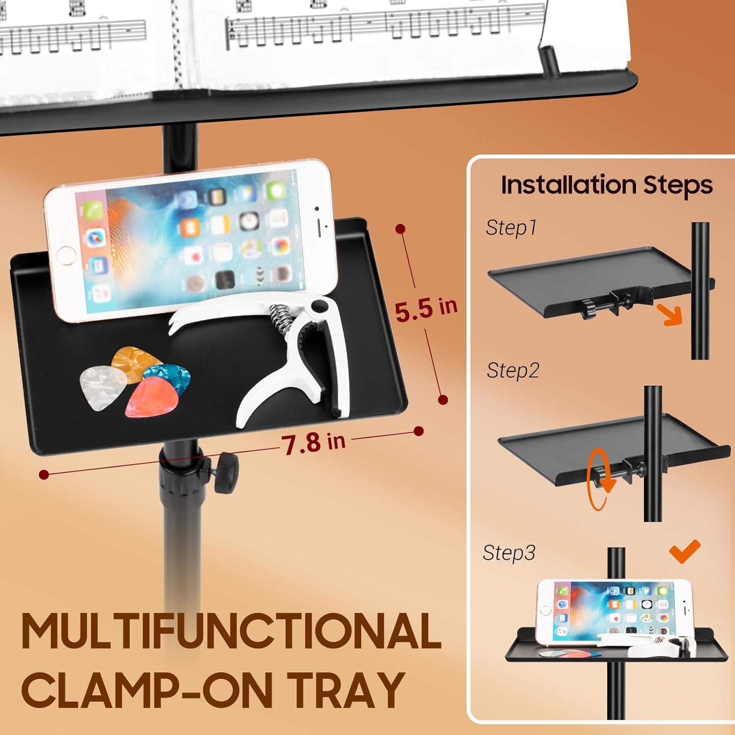 Multifunctional Clip-on Tray for Music Stands