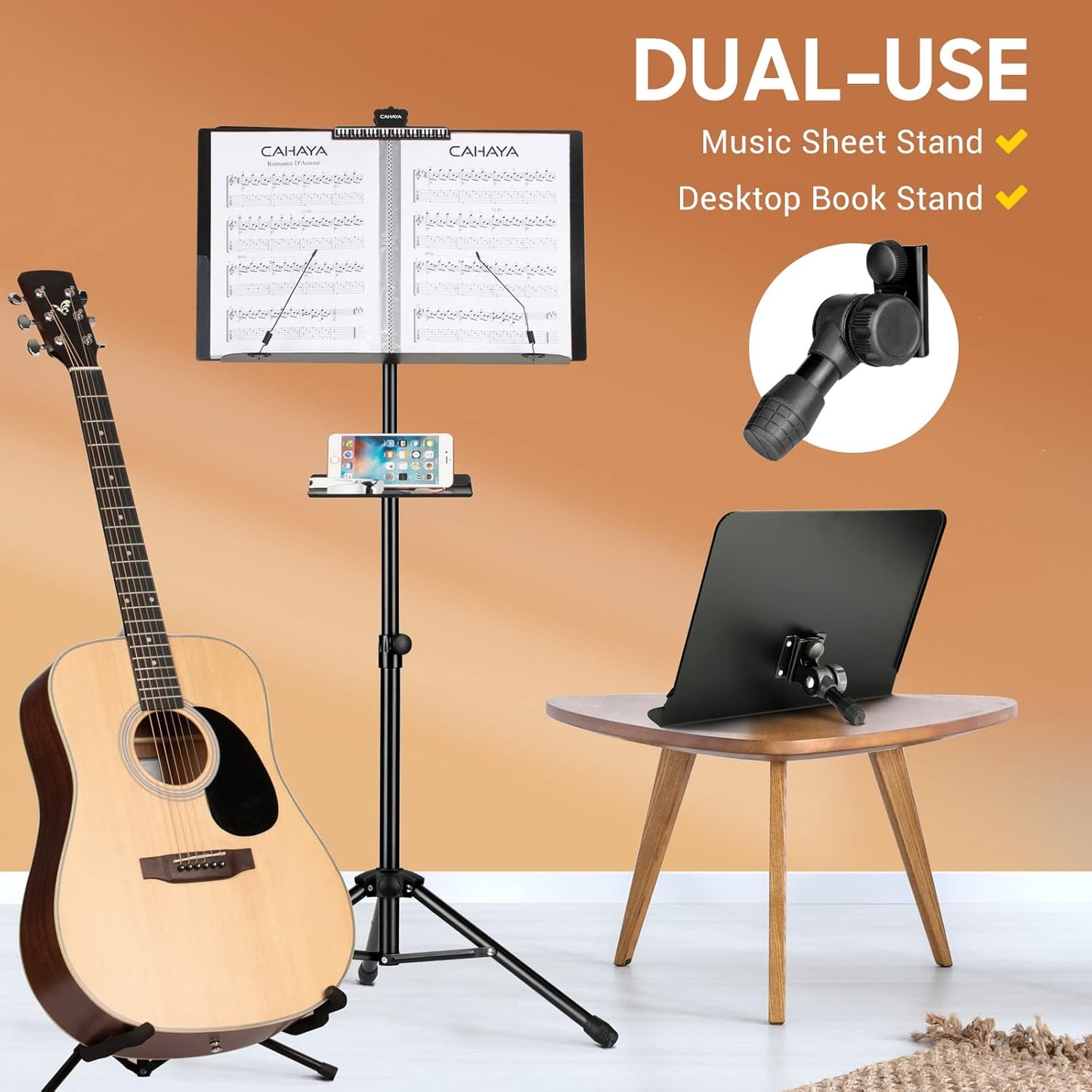 Two ways to use this music stand: floor-standing or tabletop.