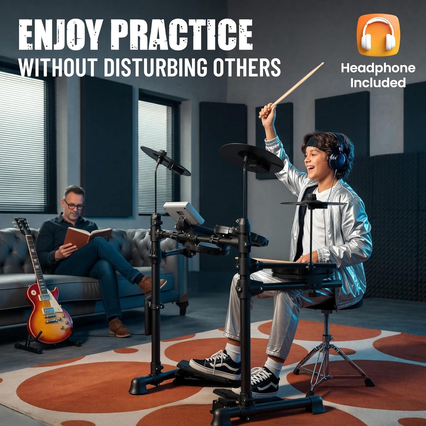 Person playing a drum set with headphones on, while another person reads a book in the background.