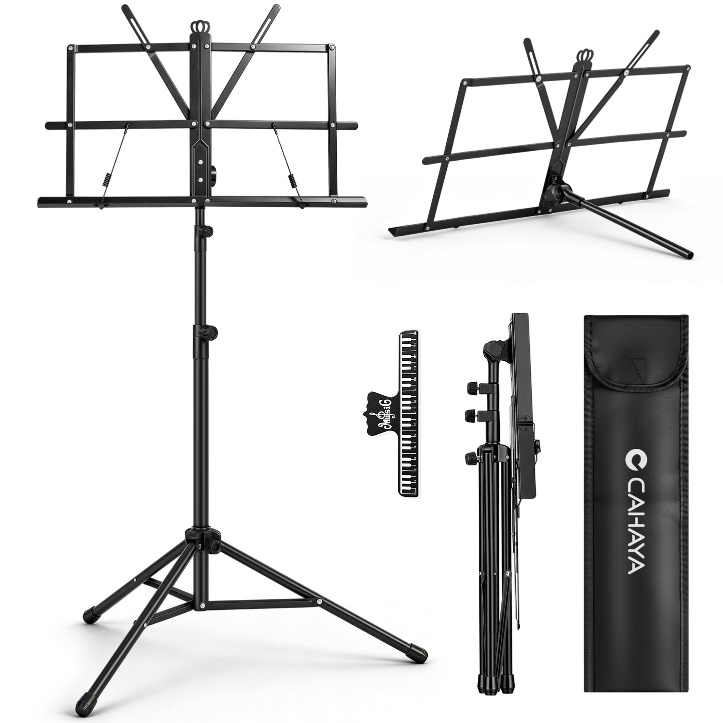 Black music stand with accessories and carrying case 