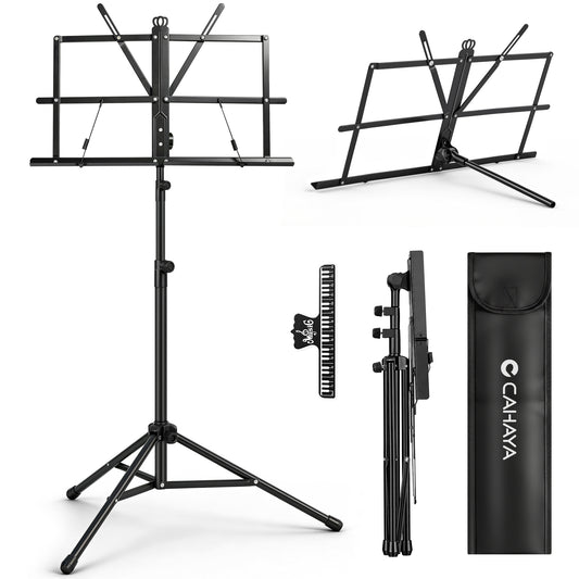 Black music stand with accessories and carrying case on a white background