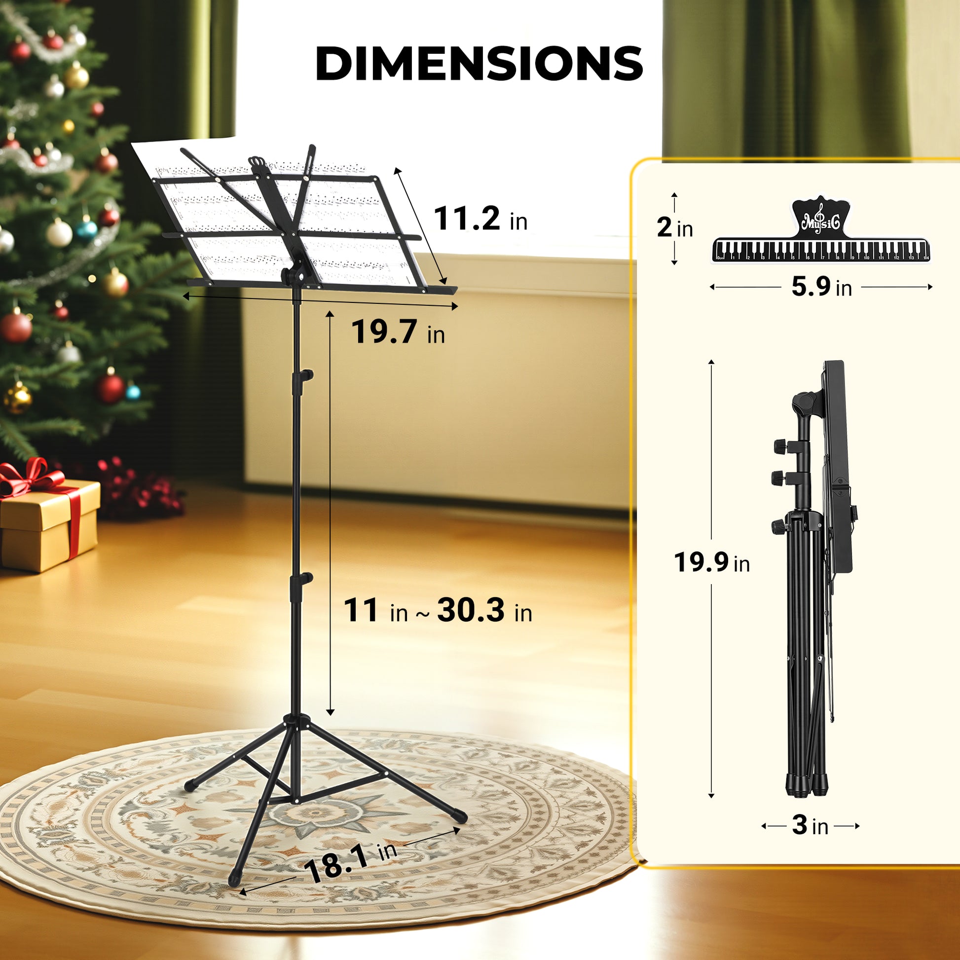 Music stand with dimensions displayed