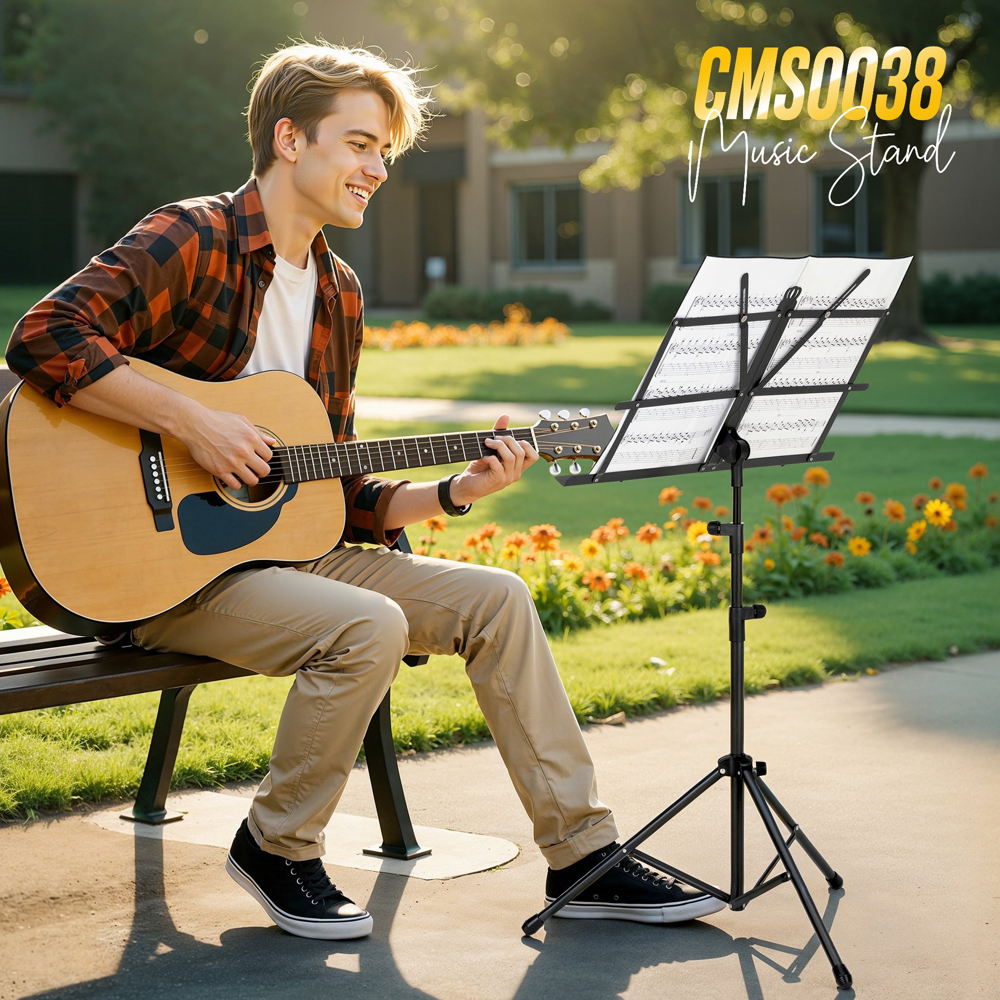 Person playing guitar with a music stand outdoors