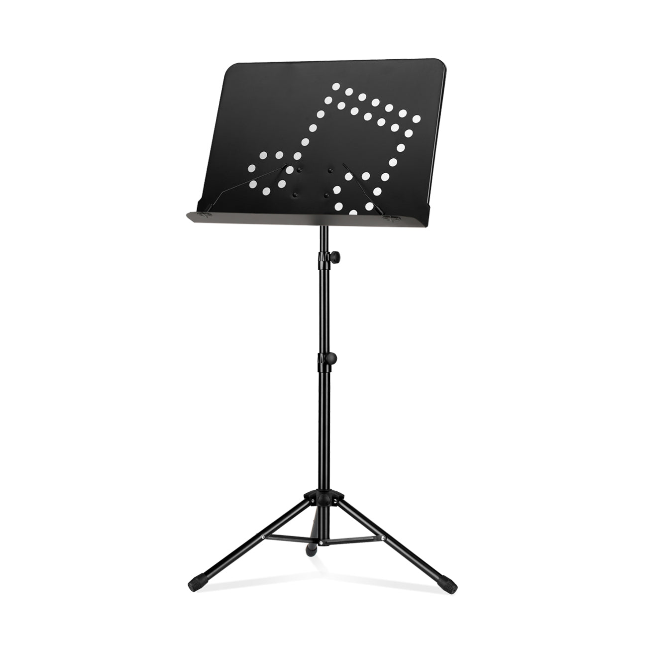A black sheet music stand with a unique musical note design