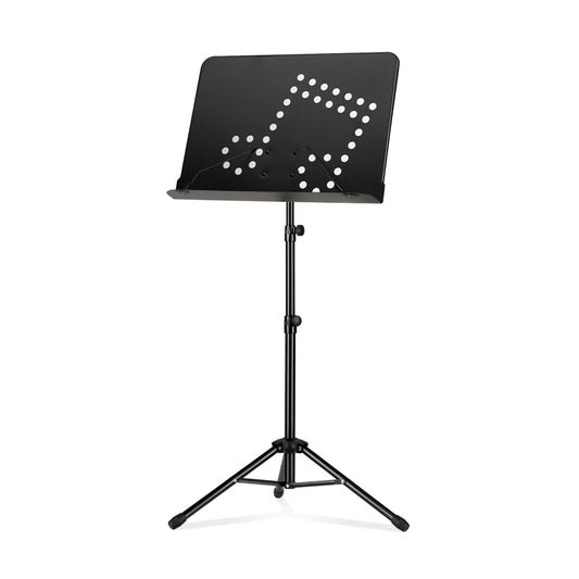 A black sheet music stand with a unique musical note design