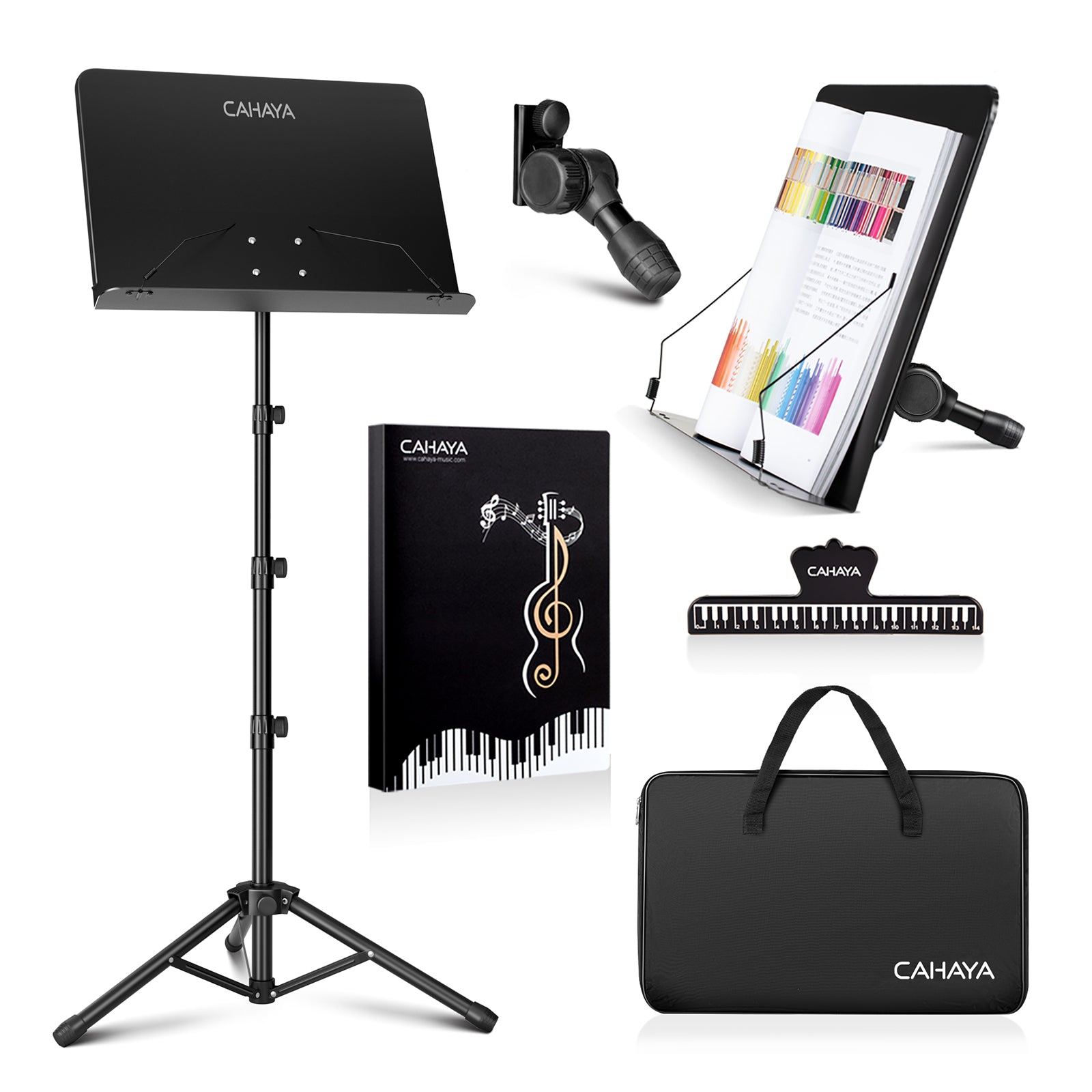 Collection of music-related products including a music stand, sheet music clip