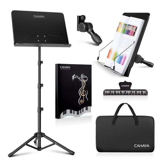 Collection of music-related products including a music stand, sheet music clip