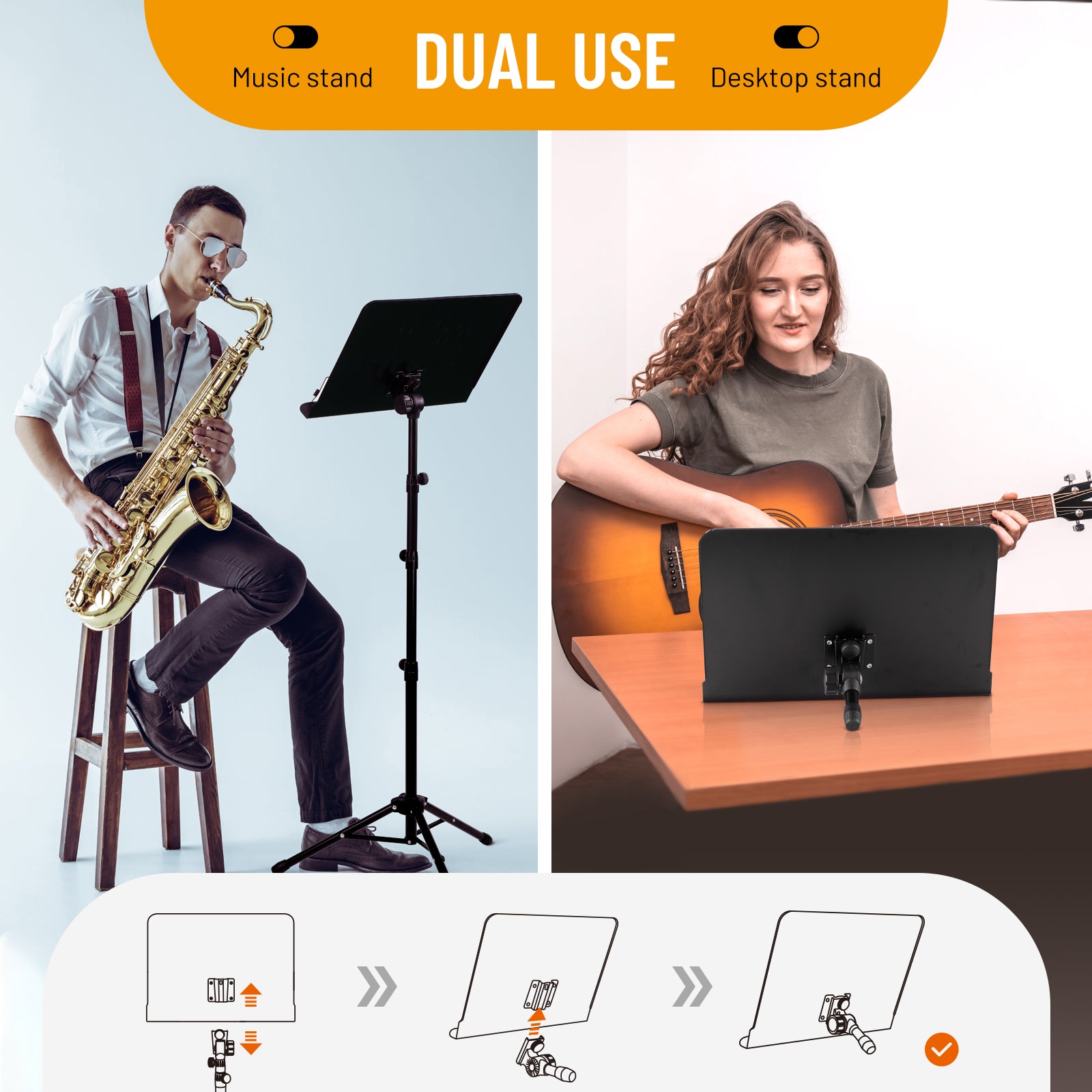 dual use: music stand or desktop stand