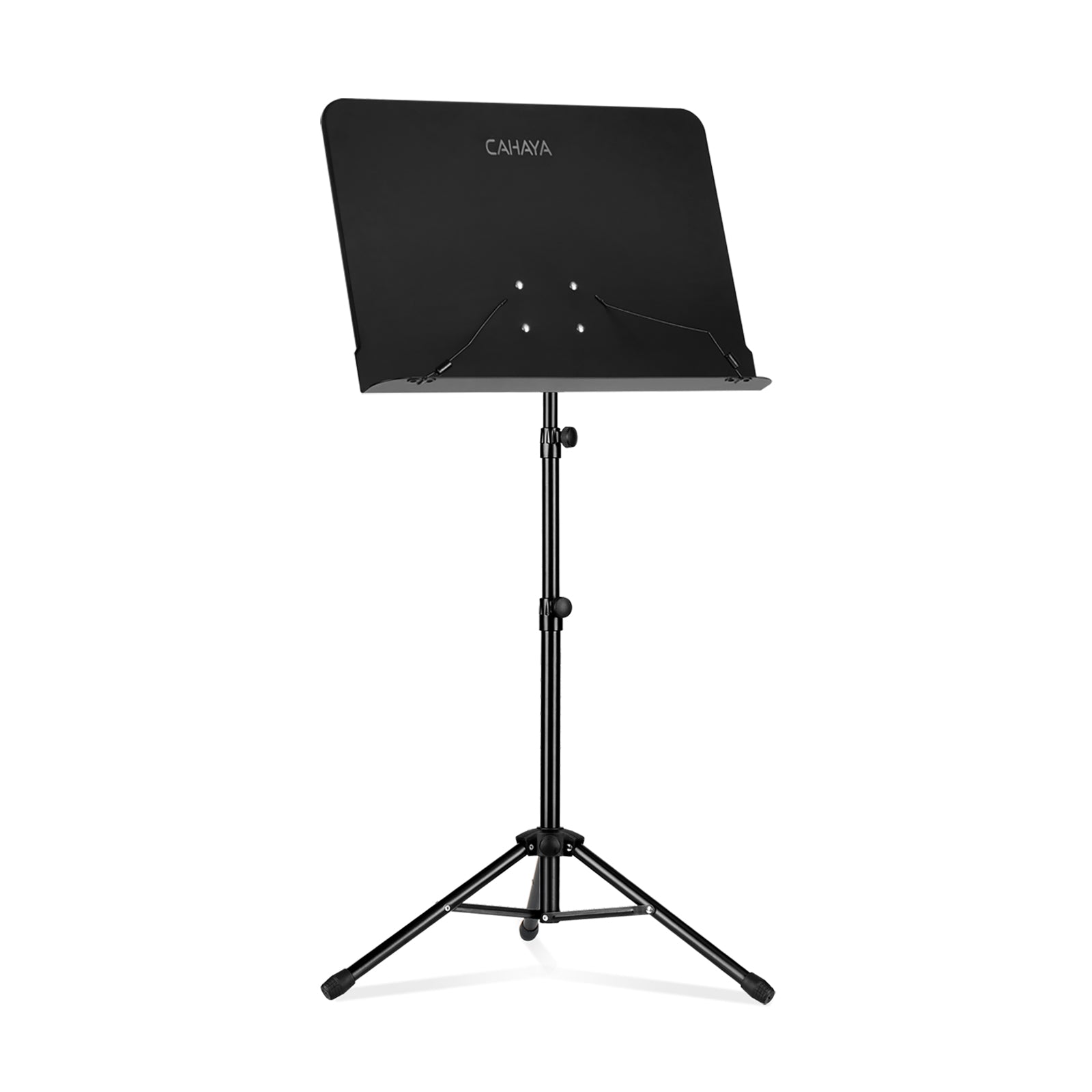 A black metal sheet music stand with an adjustable tray and tripod base.