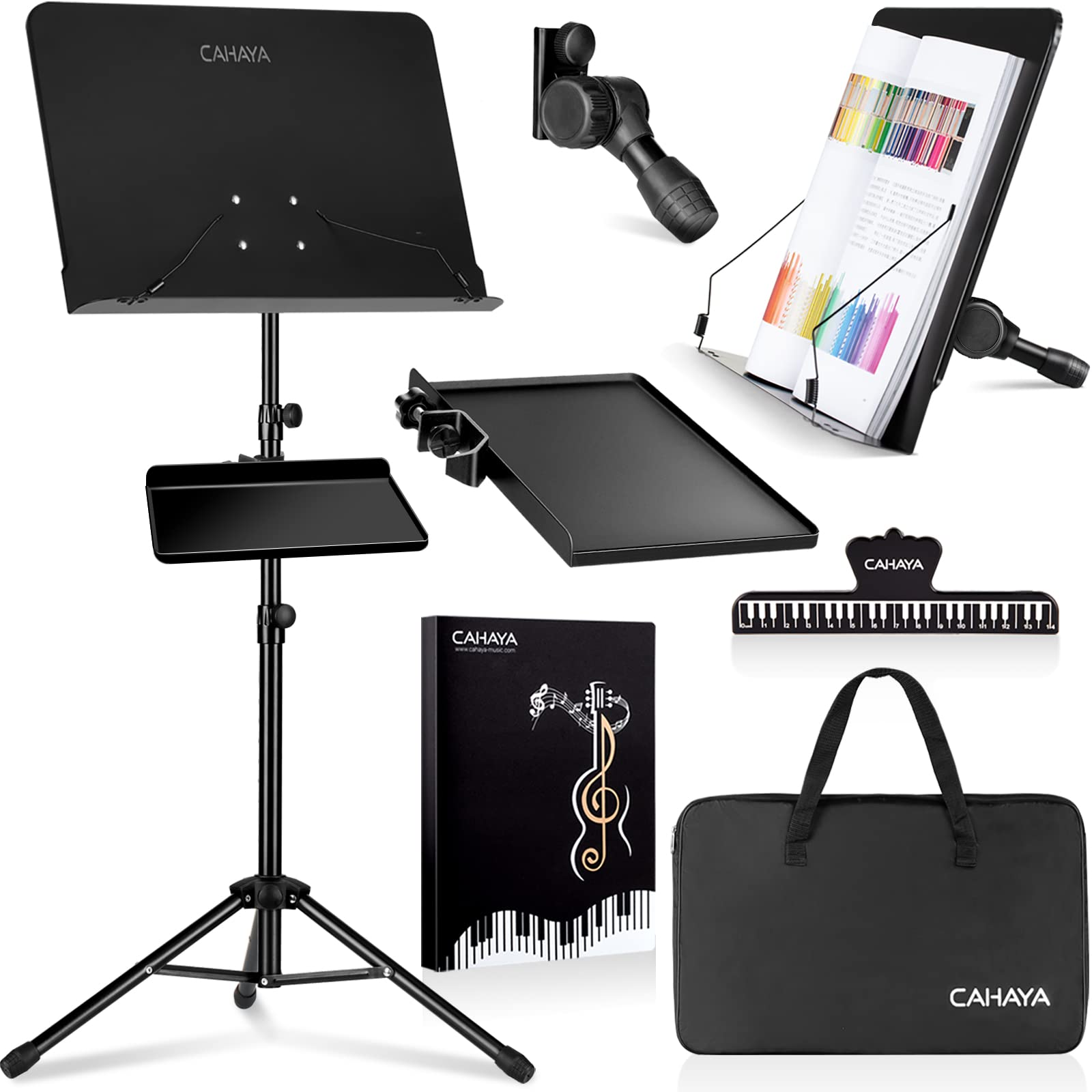 A black metal sheet music stand with an adjustable tray and tripod base.