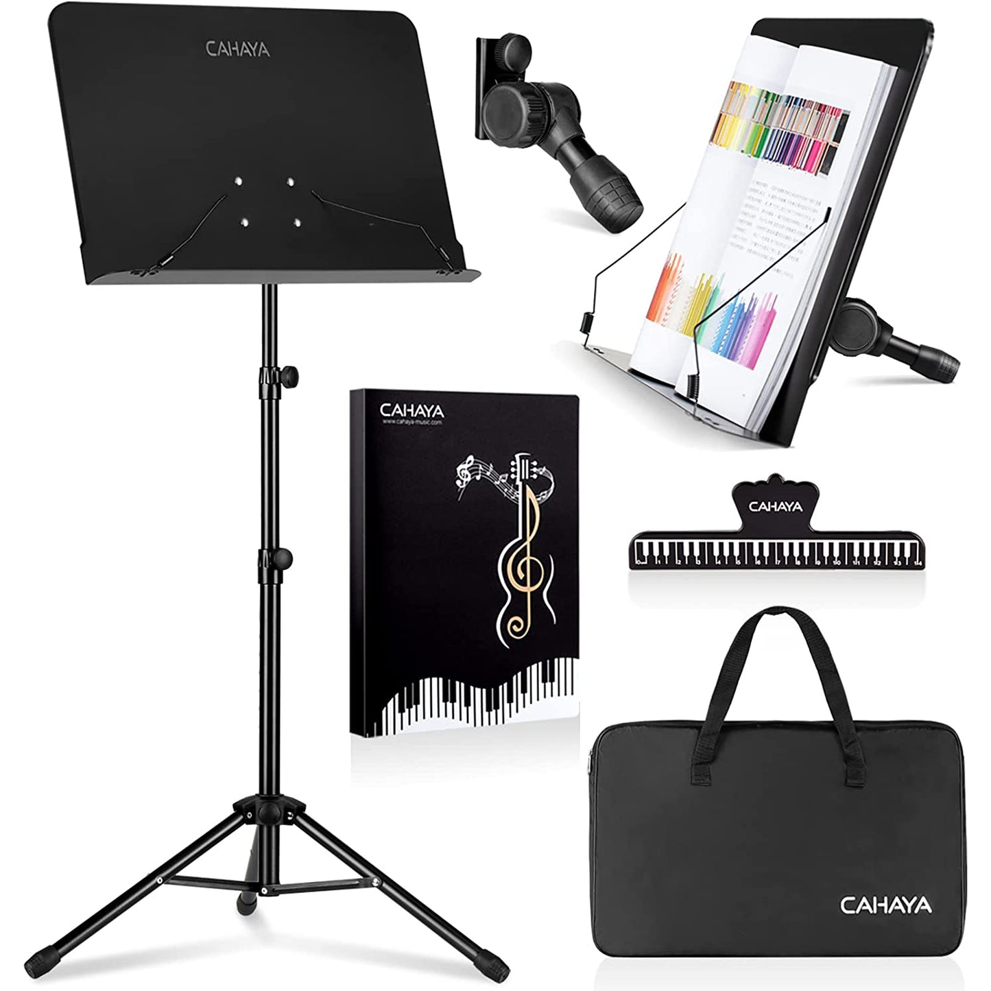 A black metal sheet music stand with an adjustable tray and tripod base.