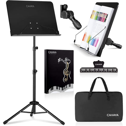 A black metal sheet music stand with an adjustable tray and tripod base.