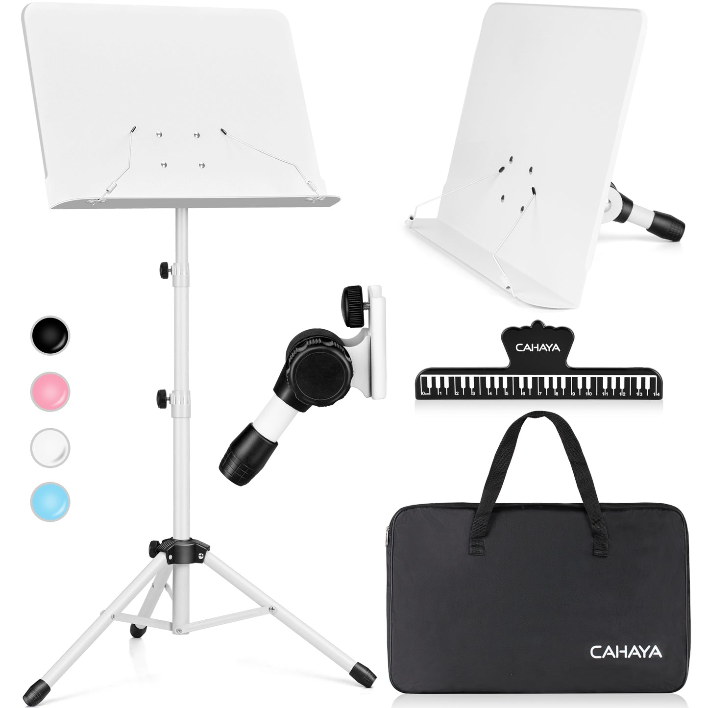 A white metal sheet music stand with an adjustable tray and tripod base.