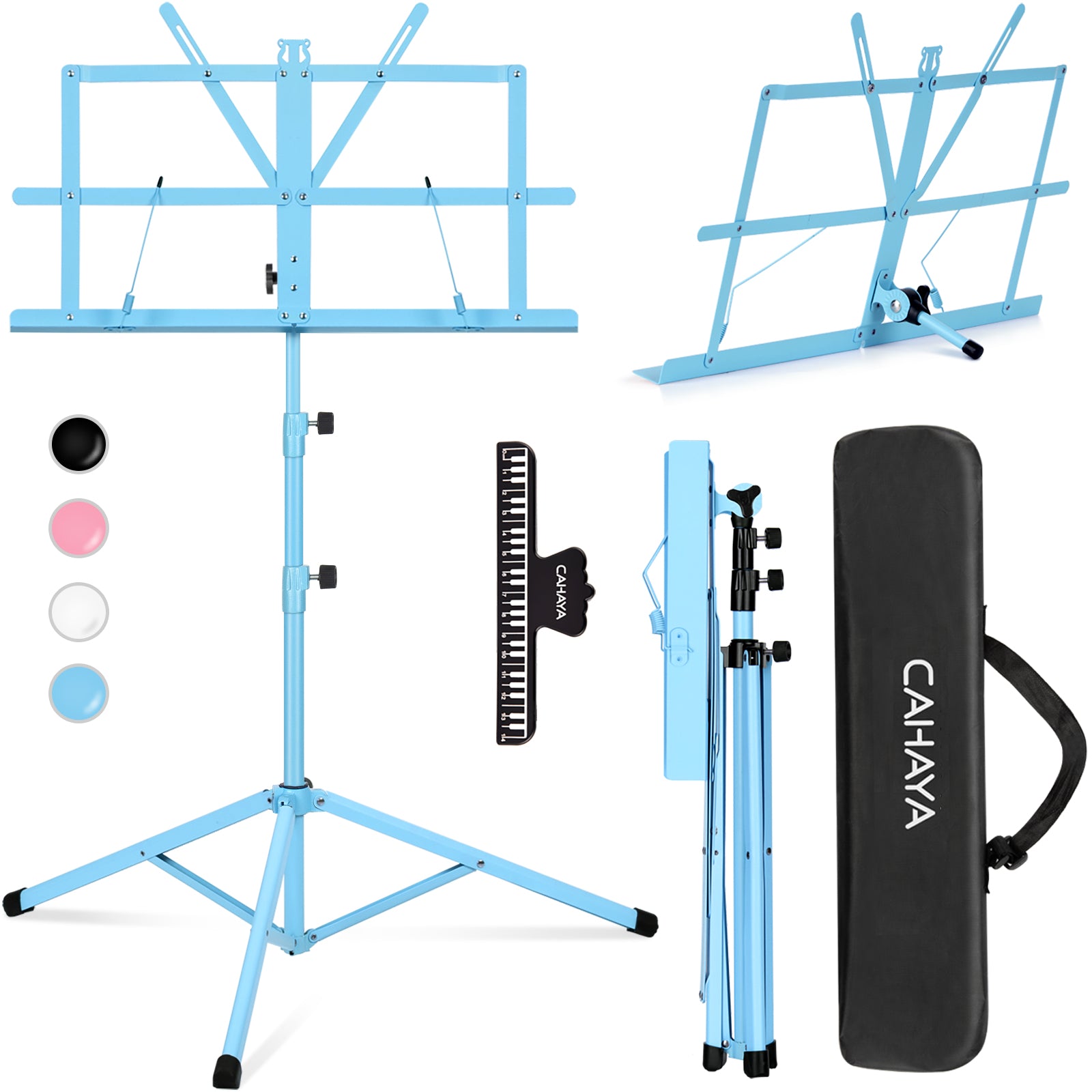 A blue folding sheet music stand with a carrying bag.