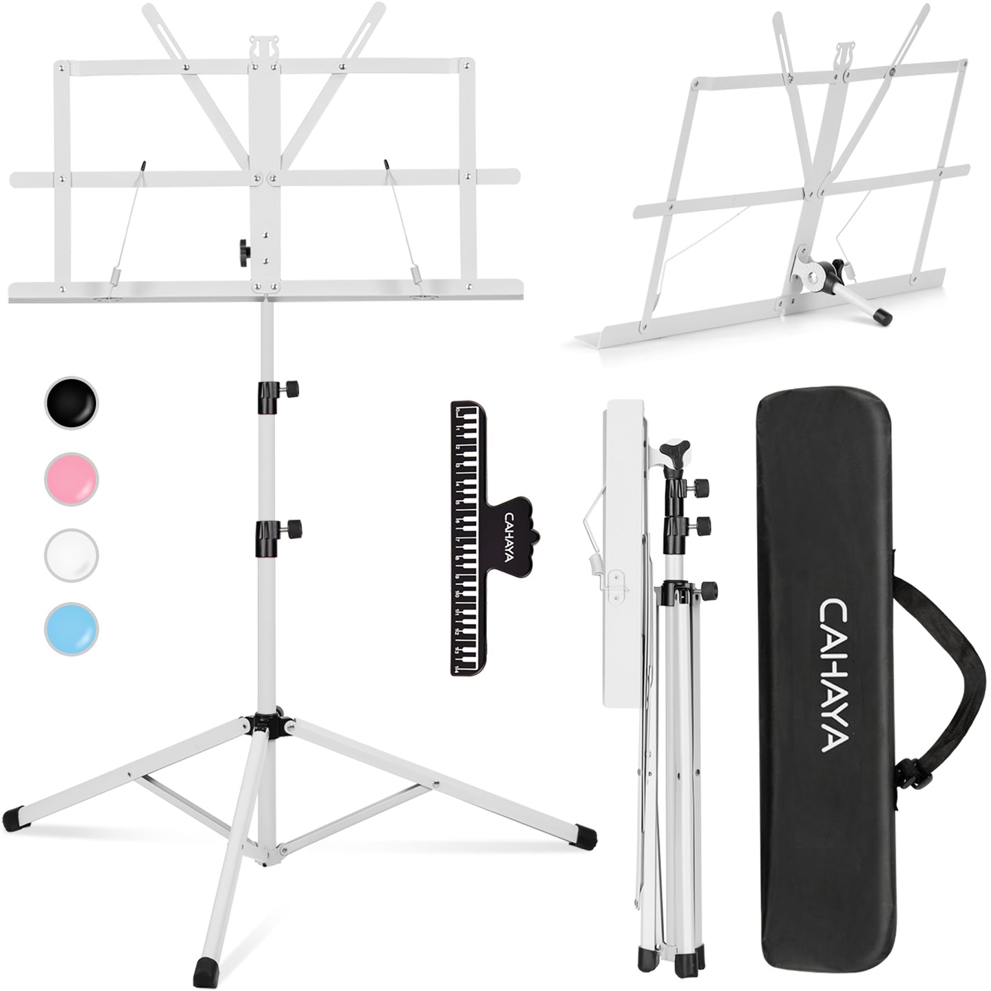 A white folding sheet music stand with a carrying bag.