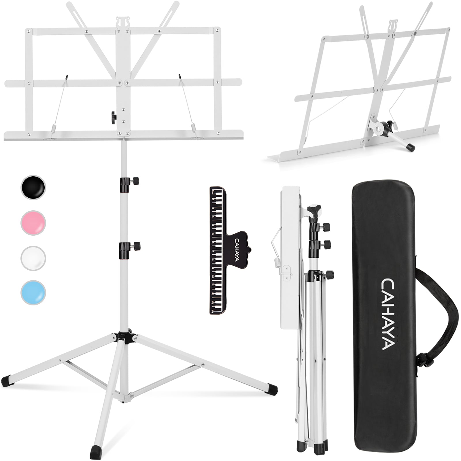 A white folding sheet music stand with a carrying bag.