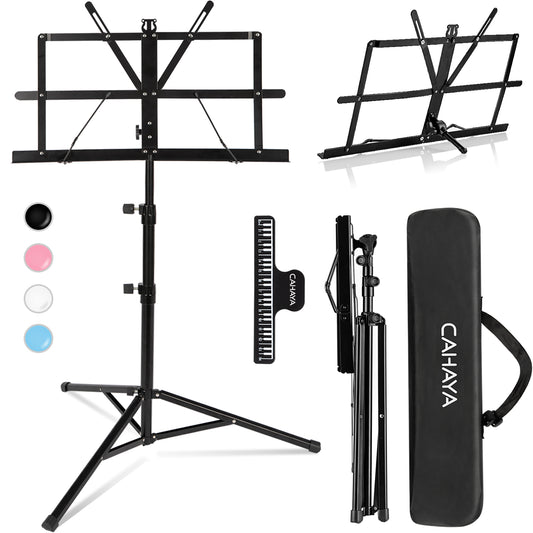 A black folding sheet music stand set with accessories