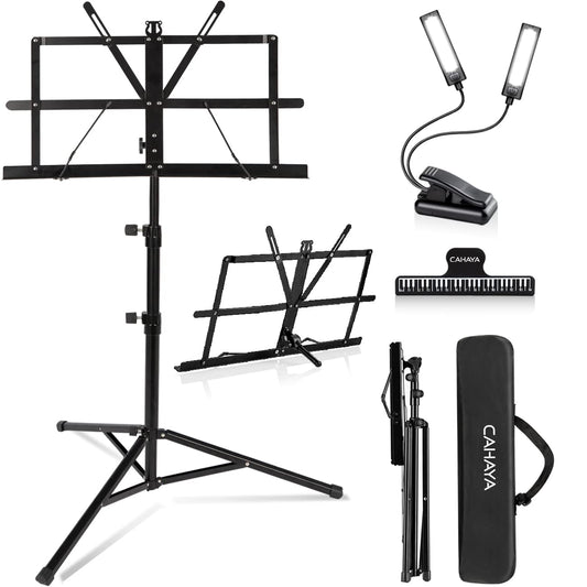 A set of black music stands with integrated LED lights